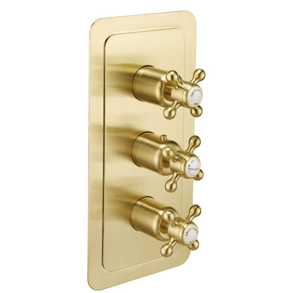 JTP Grosvenor Cross Brushed Brass 3 Handle 2 Outlet Themostatic Shower Valves Cut Out